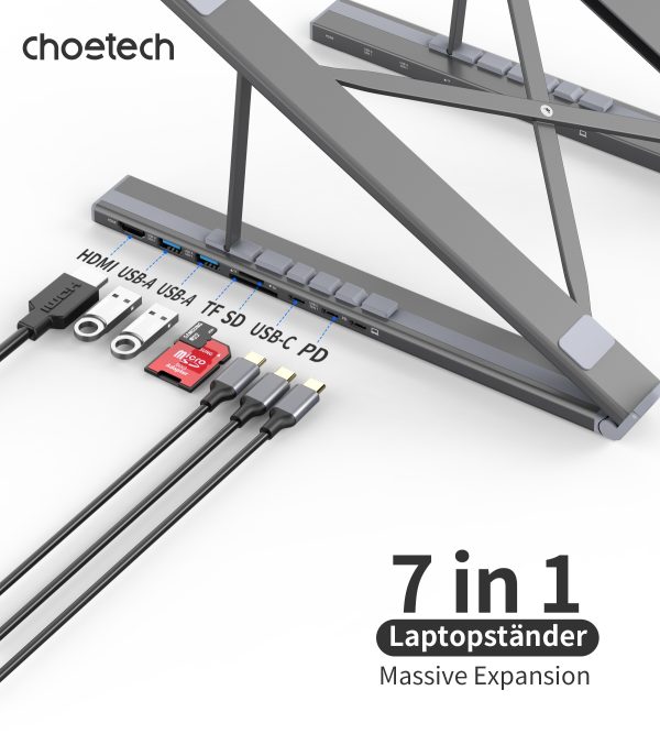 CHOETECH HUB-M48 7-in-1 Hub + Foldable Laptop stand USB-C to HDMI 4K/USB-A/TF&SD/USB-C with PD Charging - Image 2