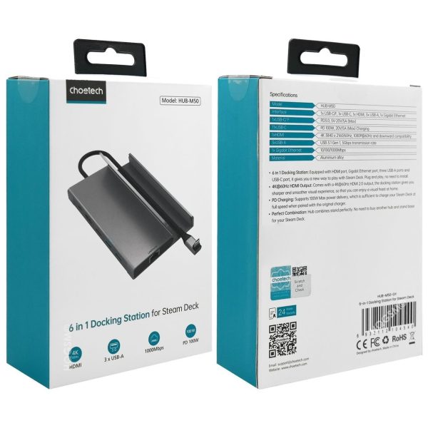 CHOETECH HUB-M50 6-in-1 USB-C 100W Aluminum Steam Deck Docking Station - Image 10