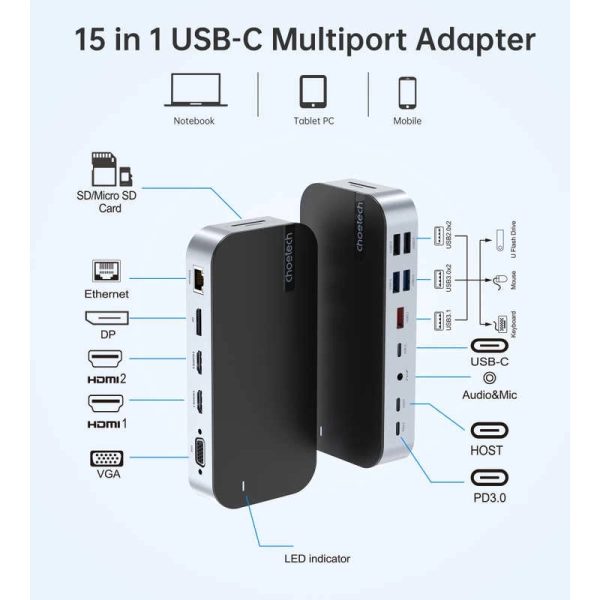 CHOETECH HUB-M52 15-in-1 Laptop USB-C Docking Station - Image 3