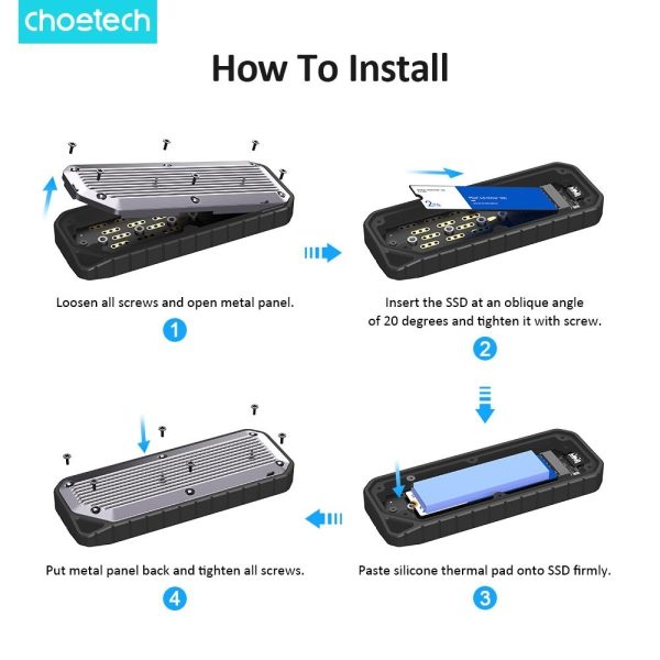 CHOETECH MSE004-GY USB3.2 Chips M.2 NVME / SATA SSD Protocol 10Gbps Transfer Speed Enclosure with IP65 water-Proof and Dust -Proof (Support 8TB Max) - Image 6