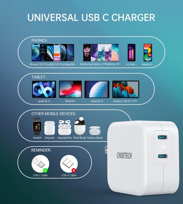 Choetech PD6009 40W Dual Fast USB C Charger 2-Port 20W PD 3.0 With Foldable Plug - Image 3