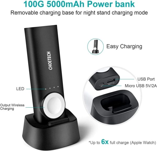 CHOETECH T315 2-in-1 Portable Wireless iWatch Quick Charger 5000mAh Power Bank - Image 2