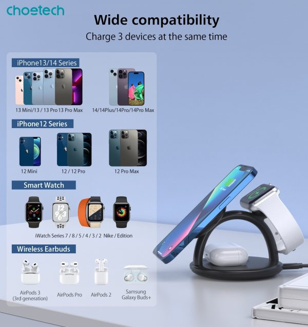 CHOETECH T587-F 3-in-1 Magnetic Wireless Charger Station for iPhone 12/13/14/AirPods Pro/iWatch - Image 9