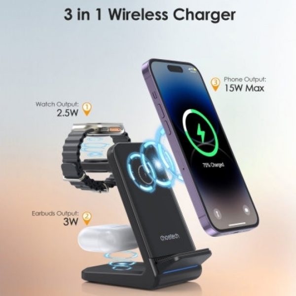 CHOETECH T608-F-BK 15W 4-in-1 Wireless Charger Stand for iWatch and Samsung Watch (Black) - Image 3