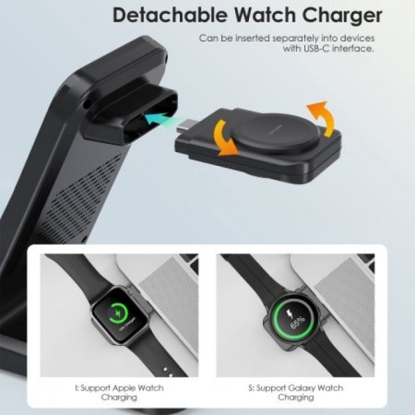 CHOETECH T608-F-BK 15W 4-in-1 Wireless Charger Stand for iWatch and Samsung Watch (Black) - Image 6