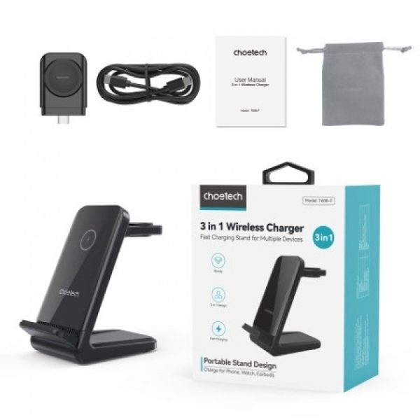CHOETECH T608-F-BK 15W 4-in-1 Wireless Charger Stand for iWatch and Samsung Watch (Black) - Image 8