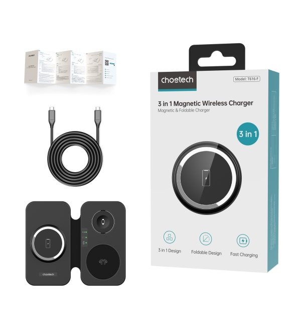 CHOETECH T616-F-BK 3in1 Magnetic Foldable Wireless Charger Black - Image 3
