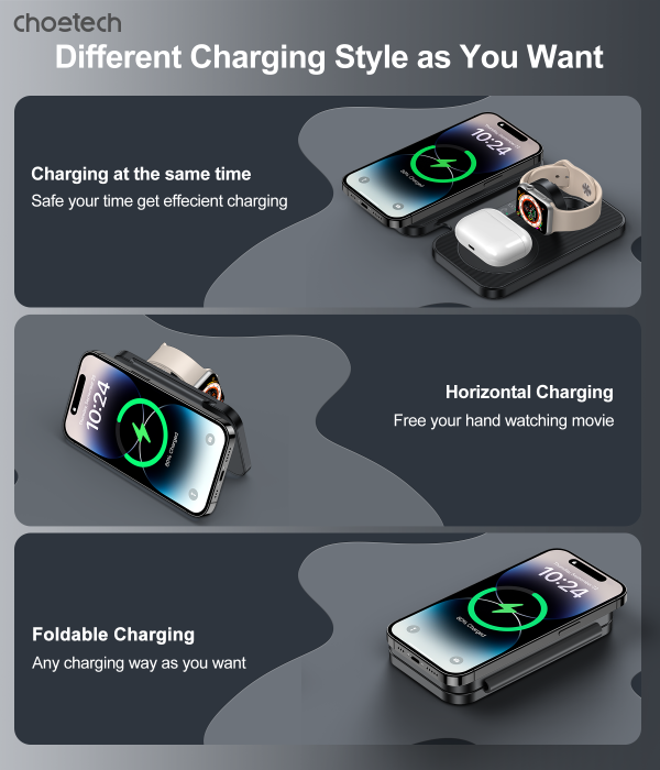 CHOETECH T616-F-BK 3in1 Magnetic Foldable Wireless Charger Black - Image 5