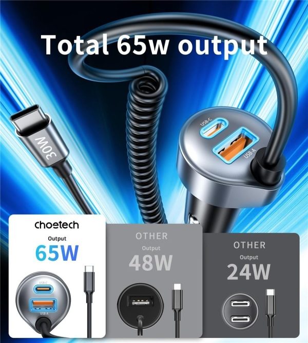 CHOETECH TC0030 65W 3-Port Fast Car Charger with 3.3ft Type-C Stretchable Cable - Image 5