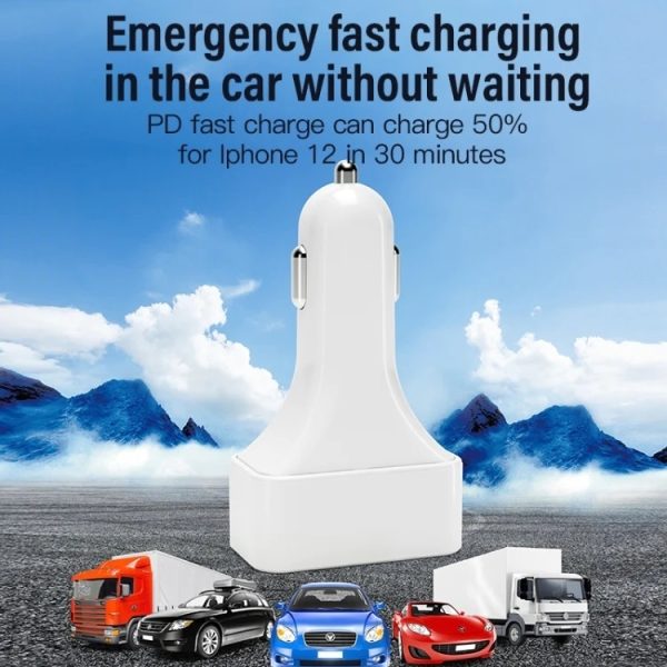 4-Port Car Charger (2 Ports PD + 2 Ports QC3.0 ) White - Image 7