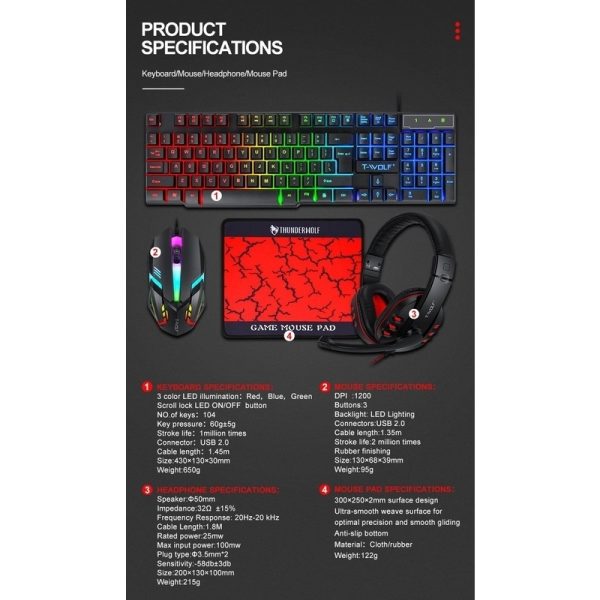 T-Wolf TF800 RGB 4-pcs Gaming Keyboard/Mouse/Headphone/Mouse Pad Kit Set - Image 8