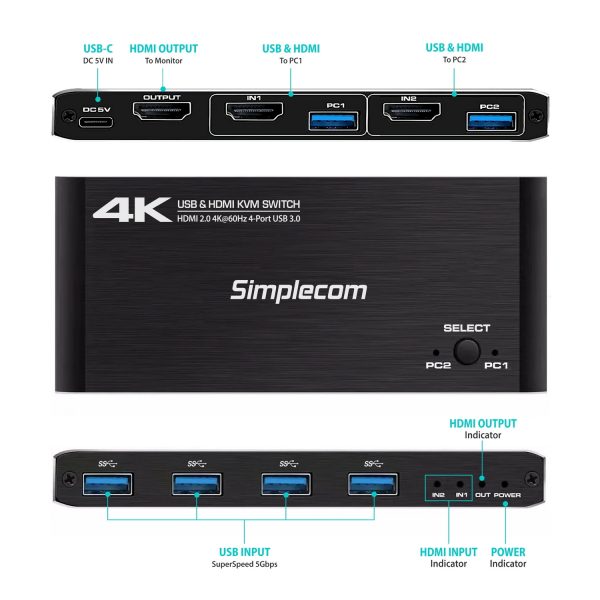 Simplecom KM420 2-Port HDMI KVM Switch HDMI 2.0 4K@60Hz 4-Port USB 3.0 Hub 5Gbps - Image 5