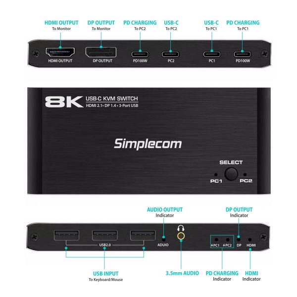 Simplecom KM470 2-Port USB-C KVM Switch 8K Docking Station HDMI 2.1 DP for Laptop Tablet - Image 3