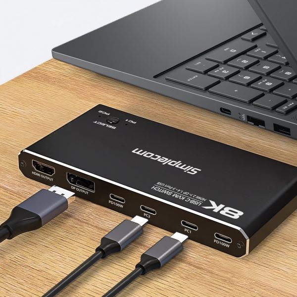 Simplecom KM470 2-Port USB-C KVM Switch 8K Docking Station HDMI 2.1 DP for Laptop Tablet - Image 4