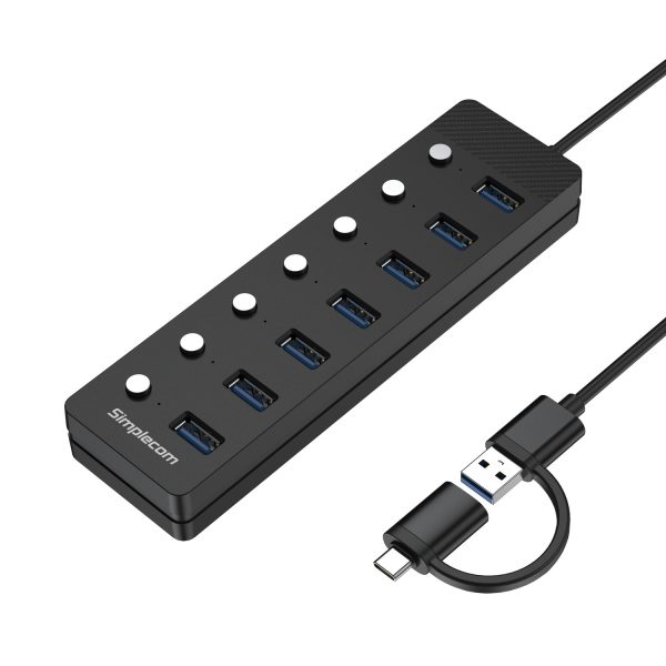 Simplecom CH375C USB-A and USB-C to 7-Port USB 3.0 Hub 5Gbps Individual Switches and Power Adapter - Image 2