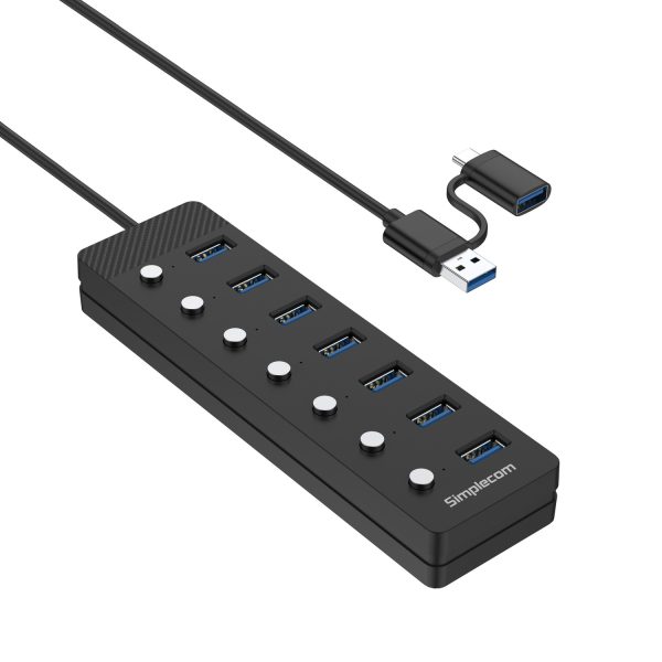 Simplecom CH375C USB-A and USB-C to 7-Port USB 3.0 Hub 5Gbps Individual Switches and Power Adapter - Image 4
