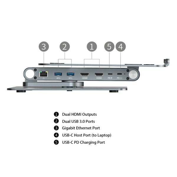 Simplecom CHT660 Adjustable Aluminium Laptop Stand with 6-Port USB-C Docking Station Dual 4K HDMI Display - Image 5