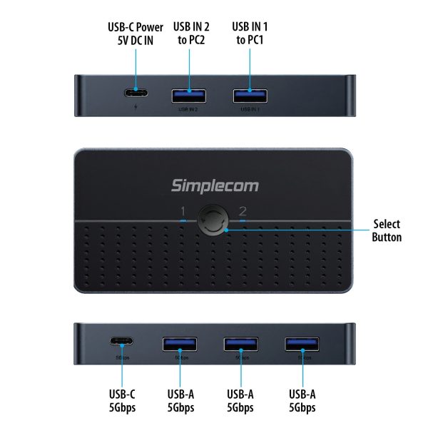 Simplecom KM320 2-Way SuperSpeed USB Switch 4-Port Hub with USB-C USB 3.0 5Gbps - Image 4