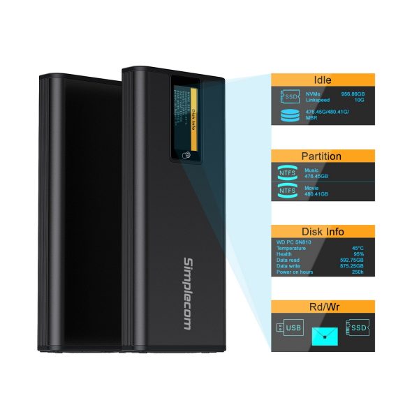 Simplecom SE530 NVMe / SATA M.2 SSD to USB-C Enclosure with SMART LED Screen USB 3.2 Gen 2 10Gbps - Image 2