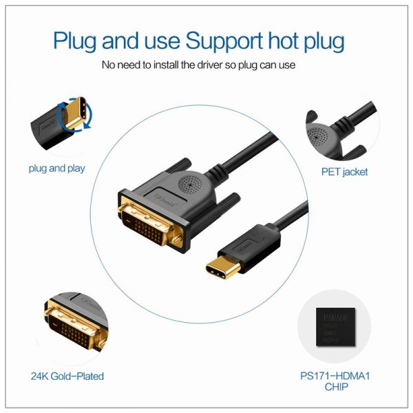 1.8M USB Type C USB-C Thunderbolt 3 to DVI Cable Male to Male Converter - Image 4