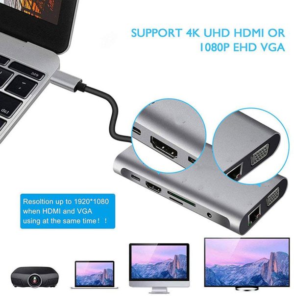 USB HUB C 10 in 1 Type C Adapter Dock 3 USB 3.0 Port 4K HDMI 1080P VGA RJ45 Ethernet - Image 3