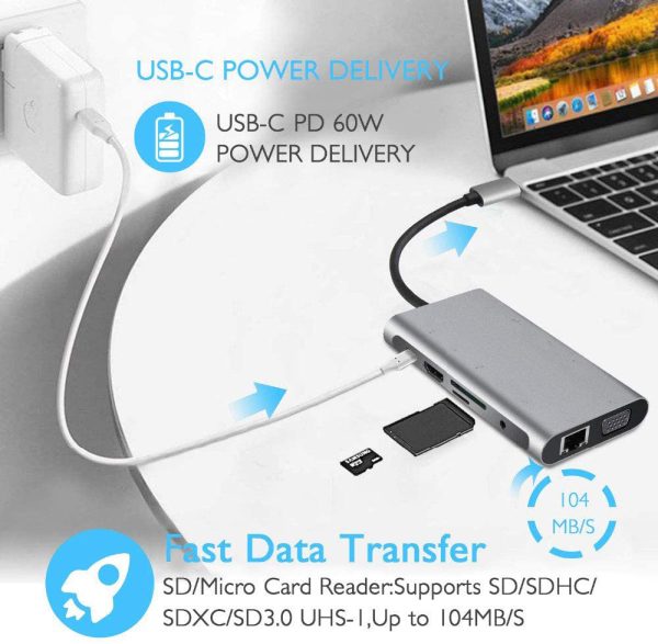 USB HUB C 10 in 1 Type C Adapter Dock 3 USB 3.0 Port 4K HDMI 1080P VGA RJ45 Ethernet - Image 4
