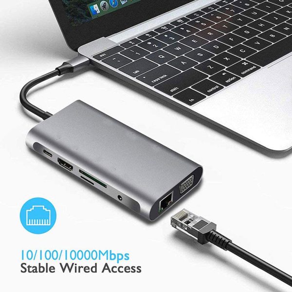 USB HUB C 10 in 1 Type C Adapter Dock 3 USB 3.0 Port 4K HDMI 1080P VGA RJ45 Ethernet - Image 6