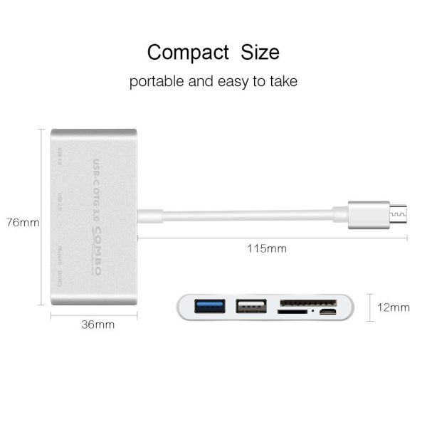 USB-C OTG Hub to USB 3.0 2.0+TF Card Reader Micro USB Power Charging Port - Image 3