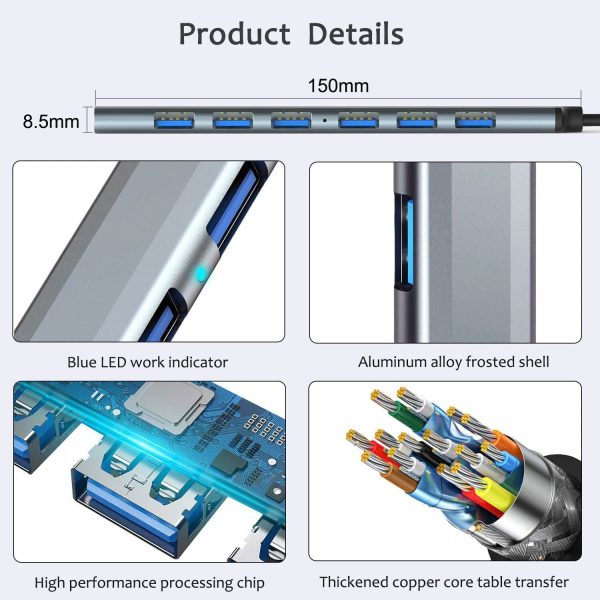 USB Hub 3.0 7 Ports Aluminium USB C to USB 3.0 Hub for MacBook Mac Pro/Mini  iMac Laptop - Image 4