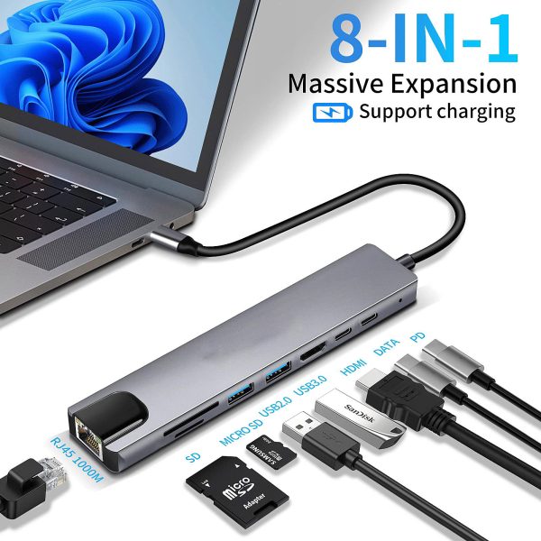 8in1 USB C Adapter 4K HDMI PD USB C Port USB 3.0 RJ45 SD/TF Card Reader Docking Station MacBook Ipad Pro Laptop - Image 2