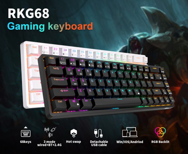 ROYAL KLUDGE RK68 Wireless Hot Swap White 65% Mechanical Keyboard, Red Switch - Image 3