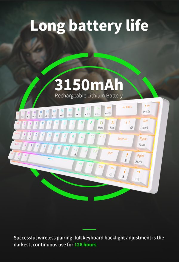 ROYAL KLUDGE RK68 Wireless Hot Swap White 65% Mechanical Keyboard, Red Switch - Image 11