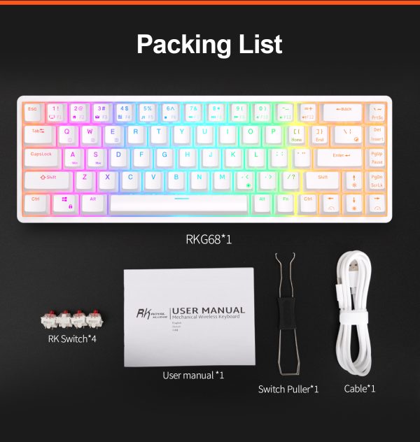 ROYAL KLUDGE RK68 Wireless Hot Swap White 65% Mechanical Keyboard, Red Switch - Image 13