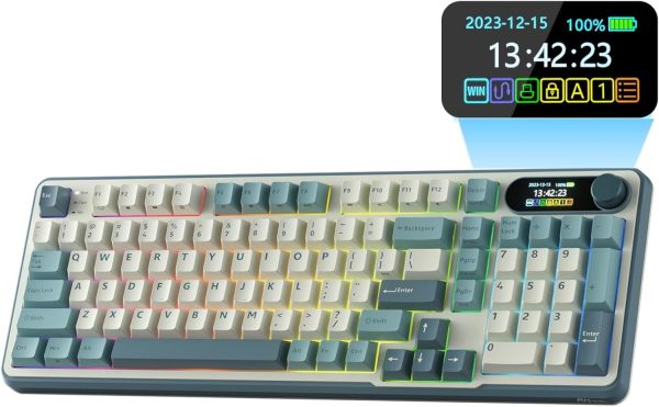 RK ROYAL KLUDGE S98 Mechanical Keyboard w/Smart Display & Knob, Top Mount 96% Wireless Mechanical Keyboard BT/2.4G/USB-C, Hot Swappable, Pale Green Switch 98 Keys