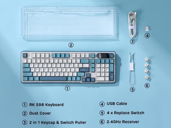 RK ROYAL KLUDGE S98 Mechanical Keyboard w/Smart Display & Knob, Top Mount 96% Wireless Mechanical Keyboard BT/2.4G/USB-C, Hot Swappable, Pale Green Switch 98 Keys - Image 8