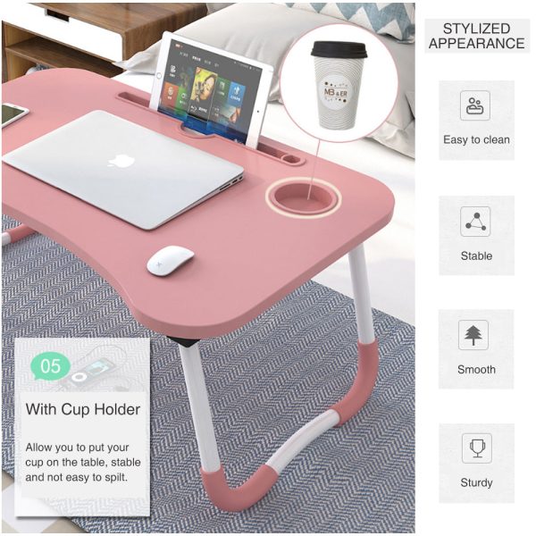 Foldable Desk Laptop Stand Table Bed Computer Study Adjustable Portable Cup Slot(White) - Image 4