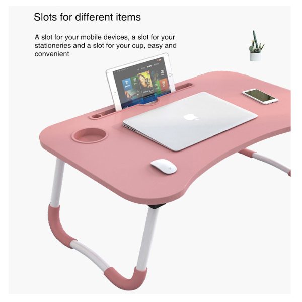 Foldable Desk Laptop Stand Table Bed Computer Study Adjustable Portable Cup Slot(White) - Image 2