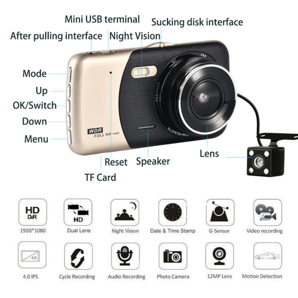 1080P Car Dash Camera Dual Front and Rear Video DVR Recorder Night Vision Kit - Image 3