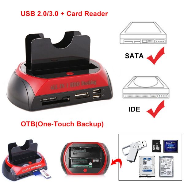 All In One Docking Station USB Dual-Bay Hard Drive 2.5" 3.5" IDE SATA SSD Card Reader - Image 2