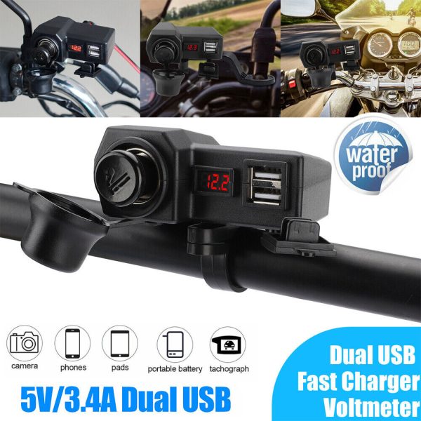 Motorcycle Handlebar Waterproof Dual USB Phone Charger Cigarette Lighter Socket - Image 2