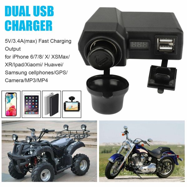Motorcycle Handlebar Waterproof Dual USB Phone Charger Cigarette Lighter Socket - Image 3