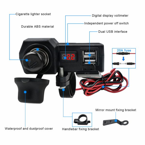 Motorcycle Handlebar Waterproof Dual USB Phone Charger Cigarette Lighter Socket - Image 7