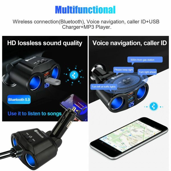 Dual Car Cigarette Lighter Socket Dual USB Charger Adapter Bluetooth5.3 MP3 Player - Image 2