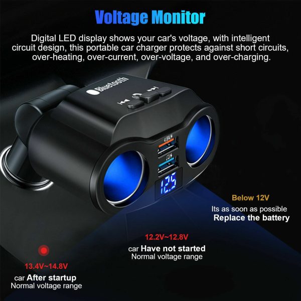 Dual Car Cigarette Lighter Socket Dual USB Charger Adapter Bluetooth5.3 MP3 Player - Image 5