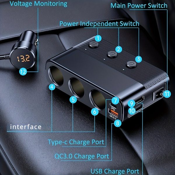 7 in 1 Car Charger Adapter Cigarette Lighter Plug Splitter Independent Switches - Image 2