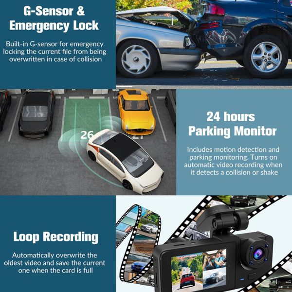 3 Channel Car DVR HD 1080P Vehicle Dash Cam Three Way Camera DVRs Recorder with 32 GB Card - Image 6