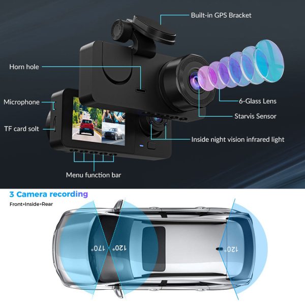 3 Channel Car DVR HD 1080P Vehicle Dash Cam Three Way Camera DVRs Recorder with 32 GB Card - Image 7