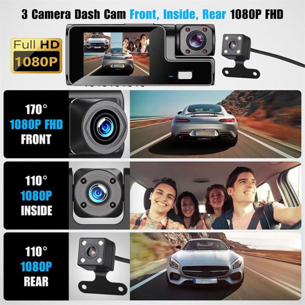WIFI 3 Channels Dash Cam 1080P Full HD Car Dashcam with Hardwire Kit and 32GB Card - Image 2
