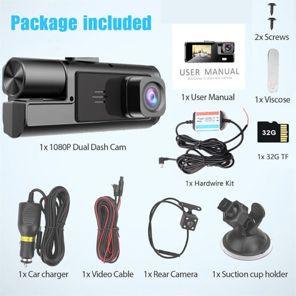 WIFI 3 Channels Dash Cam 1080P Full HD Car Dashcam with Hardwire Kit and 32GB Card - Image 8