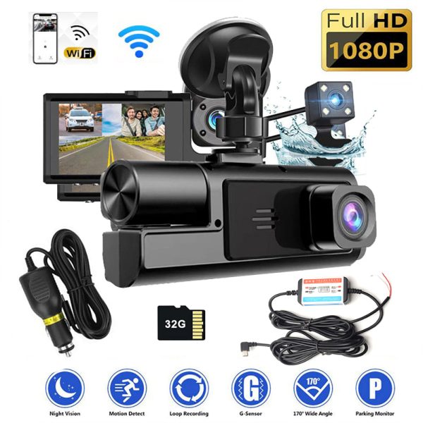 WIFI 3 Channels Dash Cam 1080P Full HD Car Dashcam with Hardwire Kit and 32GB Card - Image 9